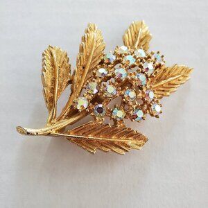 Vintage Gold Enamel Aurora Borealis Rhinestone Flower Brooch